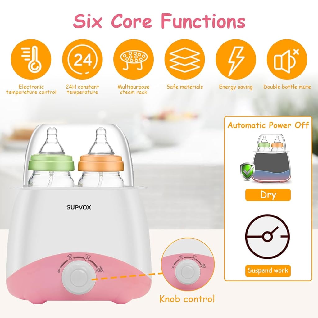 [Second-hand]Supvox@ Bottle Warmer for Babies Milk Electric 6 in 1 Sterilizer for Feeding Bottles with 8-15 Mins Fast Warming, 24H Keep Warm Food Heating Timer Adjustable Temp Baby Bottle Sterilizer Machine(Pink)