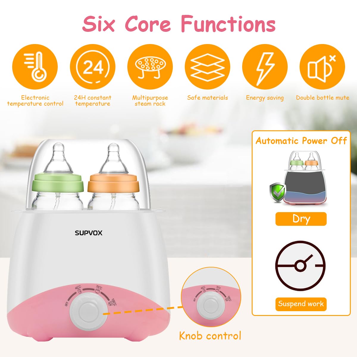 Supvox Baby Bottle Warmer for Milk and Food with 6 in 1 Dual Bottle Design | 8–15 min Fast Heating, 24h Keep Warm, 100°C Steam Sterilizer, Pink 2 pcs
