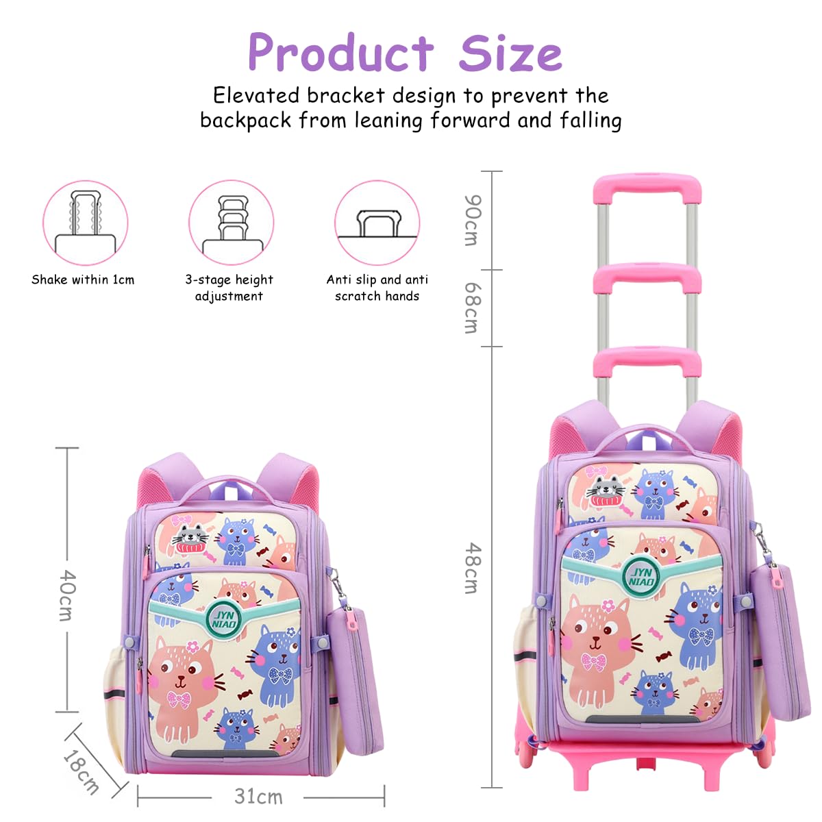 PALAY School Backpack for Girls Backpack on Wheel SchoolGirls 6-12 Years Old Waterproof Cartoon Print Girls Backpack with Detachable Wheel Stand Lightweight Travel Backpack for Kids