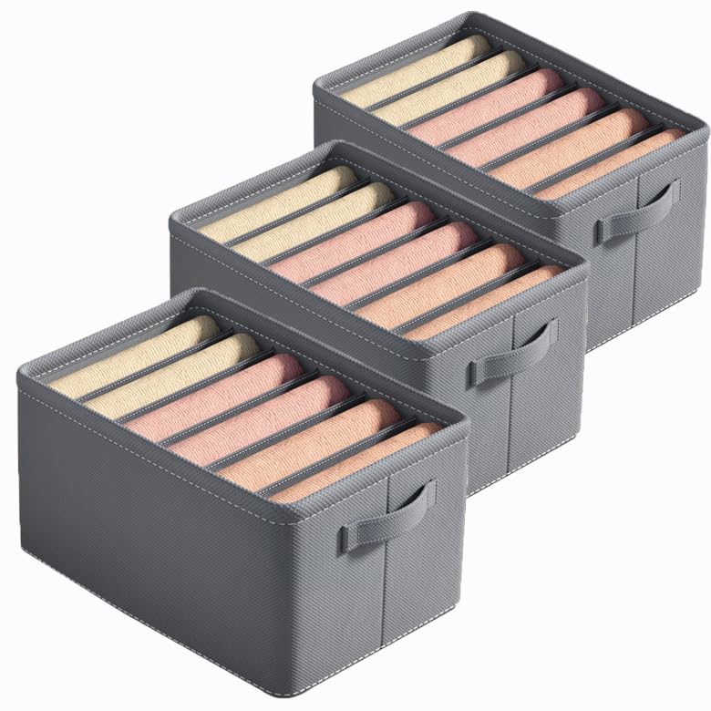 HASTHIP Clothes Organiser for Wardrobe with 6 Drawer Compartments and Handles | 3Pcs 44x25x22cm Cloth Storage Boxes