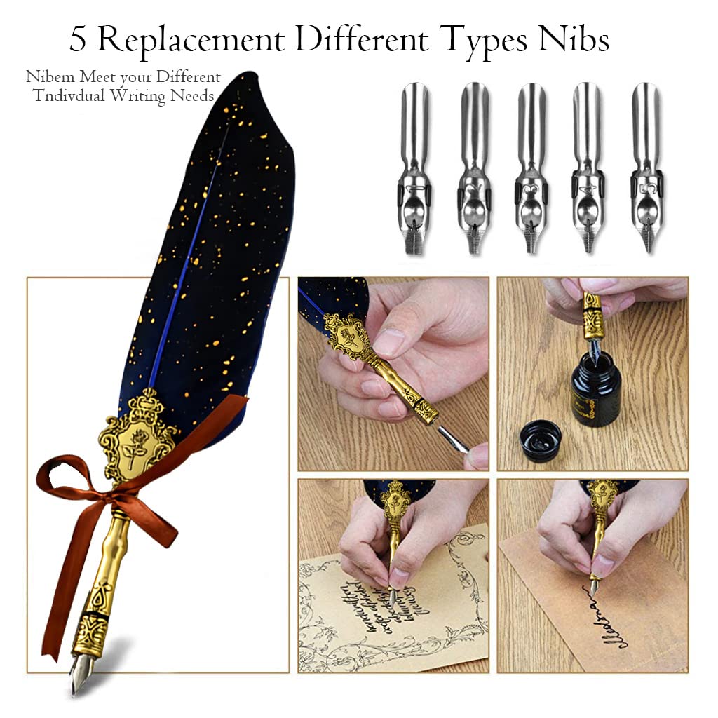 HASTHIP Quill Pen Ink Wax Seal Stamp Gift Set with 5 Nibs and Natural Feather | Blue