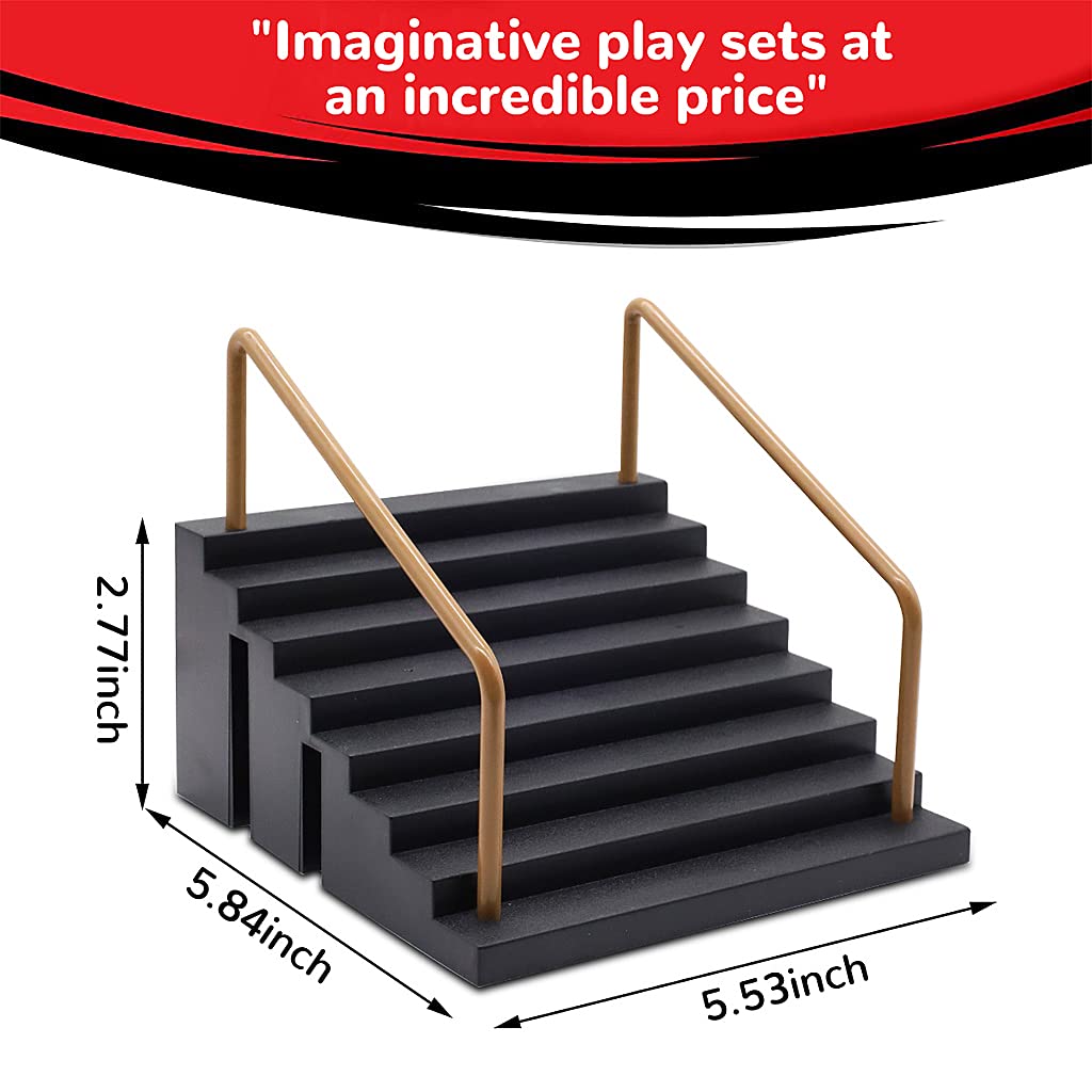 PATPAT Fingerboard Rail Park Stair Kit for Tabletop Tricks with Handrails and Mini Skateboard | 5.6x5.6x2.76 in Black Toy for Kids 9+
