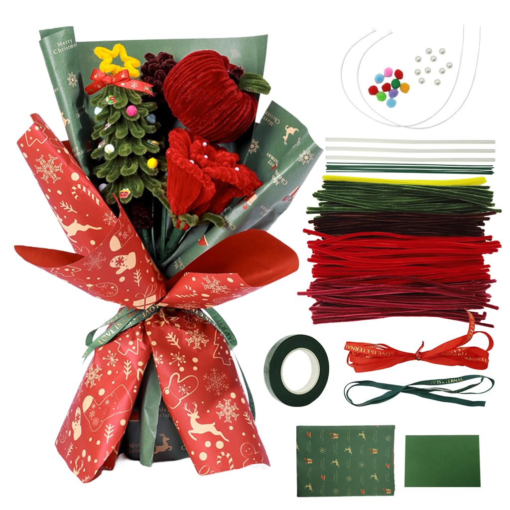 PATPAT® DIY Christmas Bouquet Pipe Cleaners Material Kit Chenille Stems DIY Art Craft Kit Christmas Home Decor Multi Color Chenille Stems Art Craft Kit Chenille Stems DIY Art Craft Kit Christmas Gift