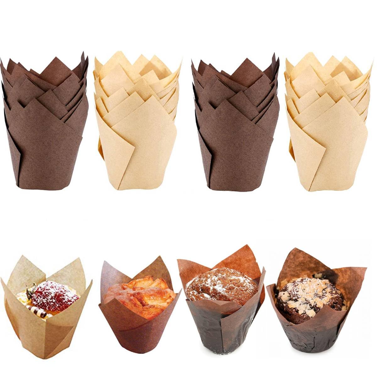 Supvox Cupcake Liners for Baking Weddings and Parties featuring 200pcs 5cm Tulip Paper Cups Brown and Beige