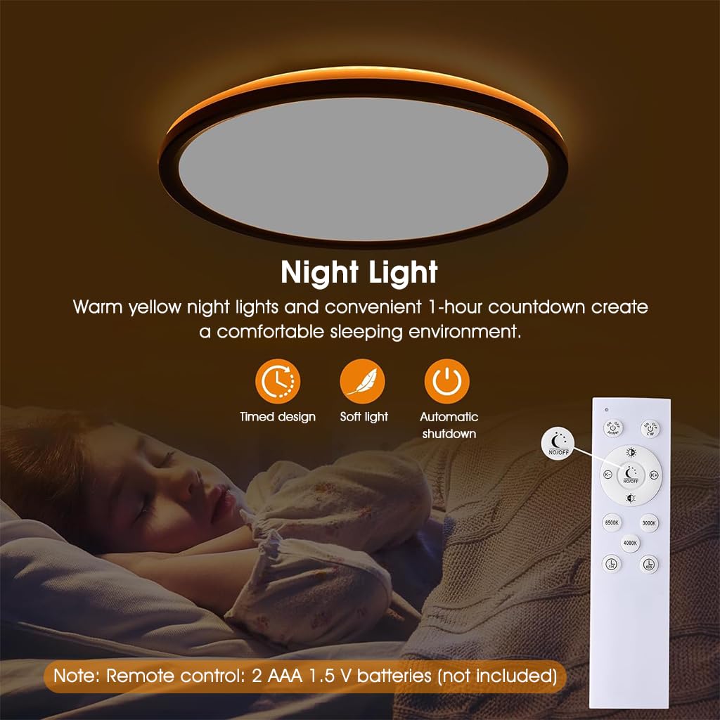 ELEPHANTBOAT LED Ceiling Light with Remote Control and 3 Color Dimmable 24 W Round Design | 1800K Night Light in Black