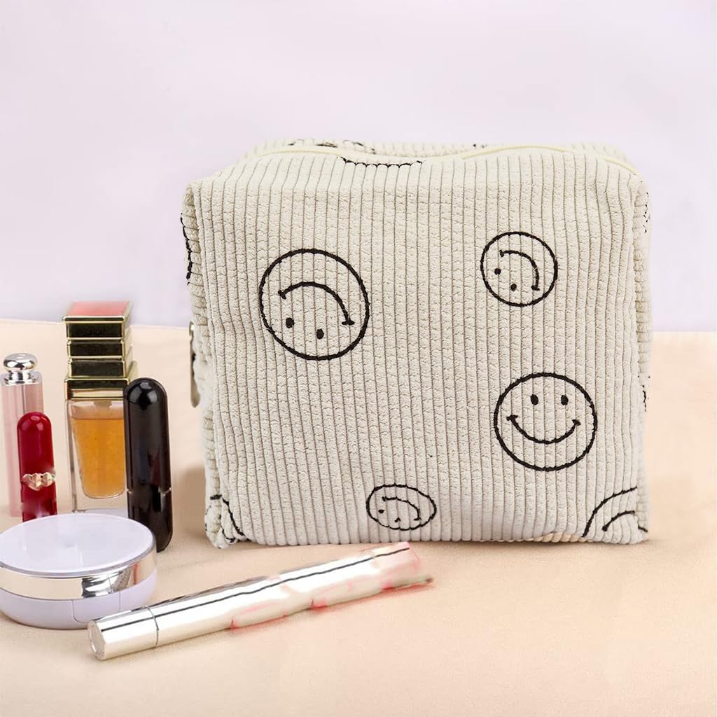 PALAY® Travel Makeup Pouch Smile Print Soft Corduroy Makeup Organizer Bag Zipper Pouch Travel Toiletry Bag Multi-purpose Storage Pouch for Makeups, Travel Bottles, 18x9x13cm