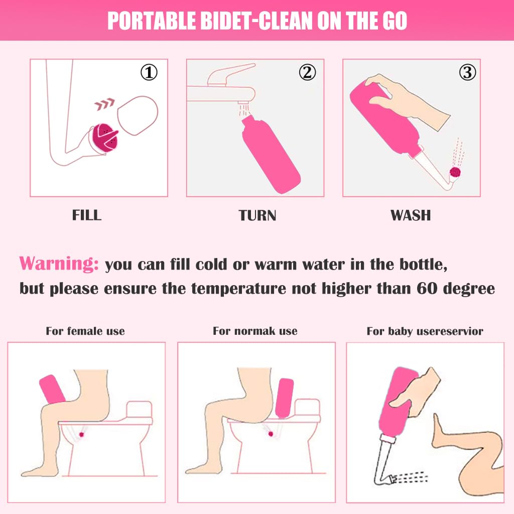 HANNEA Portable Jet Spray for Toilet with Retractable Nozzle and 500ml Bottle | Pink 2PCS