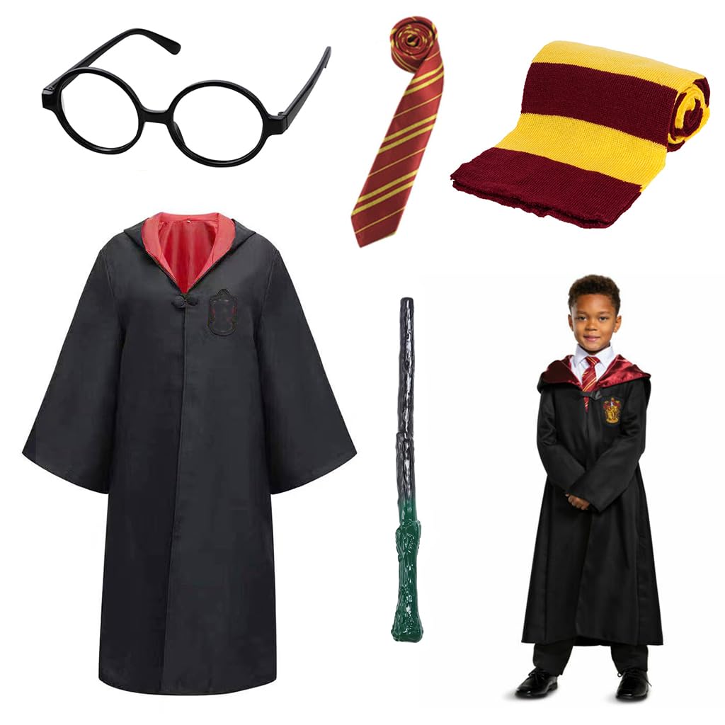 PATPAT® Gryffindor Harry Potter Costume, Magic Robe Wizard Costume Magic School Uniform Halloween Costume with Magic stick, Scarf, Tie & Glasses Harry Potter Accessories For Kids 135-145cm High