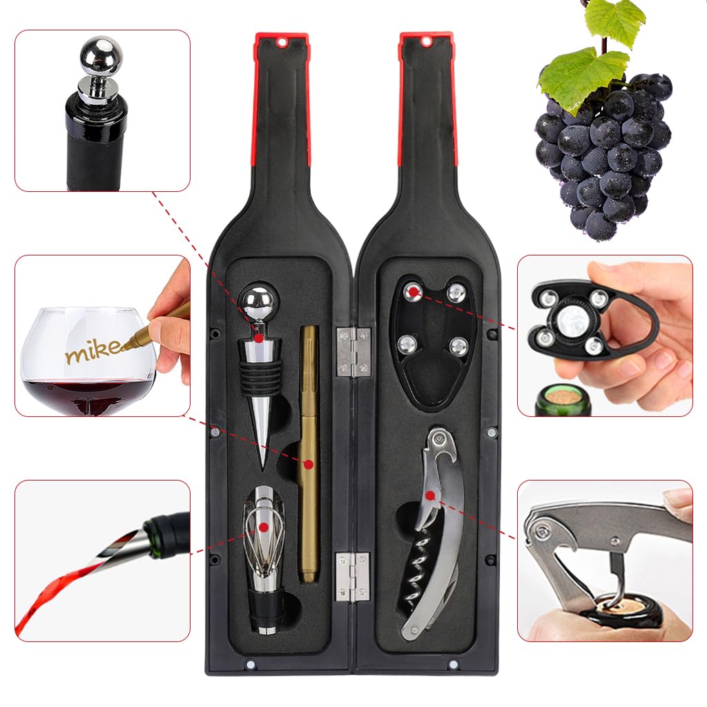 ZIBUYU Wine Accessories Kit 5Pcs for Parties and Gifts with Bottle Shaped Box | Includes Corkscrew and Stopper