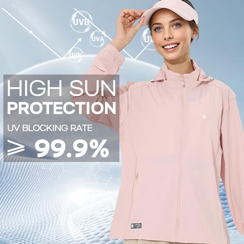Zibuyu Women's Sun Jacket for Outdoor UV Protection with UPF 150 and Detachable Hood | Quick Dry Lightweight Pink XXL