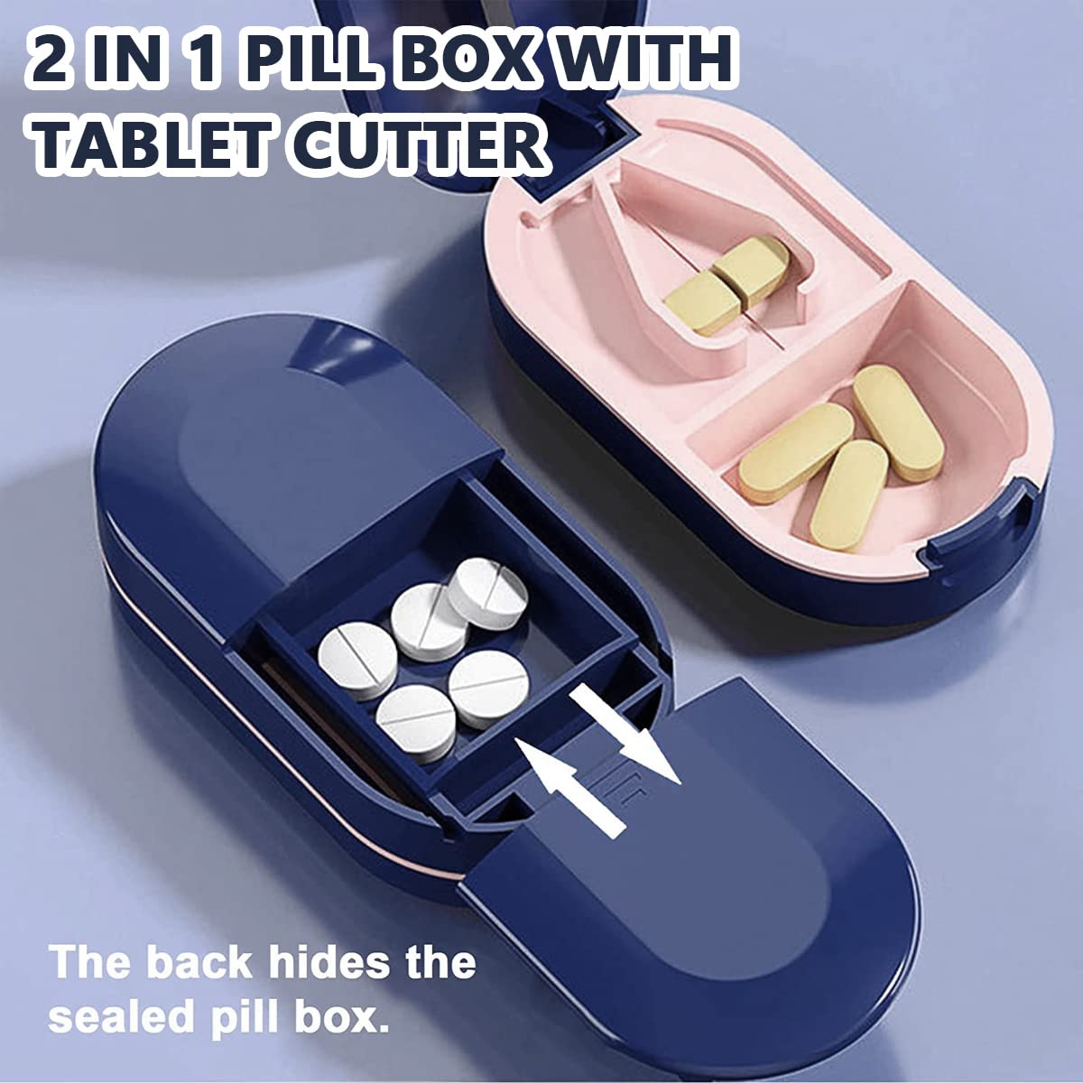 HANNEA® Portable Pill Box Tablets Cutter, Medicine Organizer Box with Pill Cutter for Small and Large Tablets 2 in 1 Pill Storage Organizer with Tablet Cutter for Daily Use, Travel(Blue)