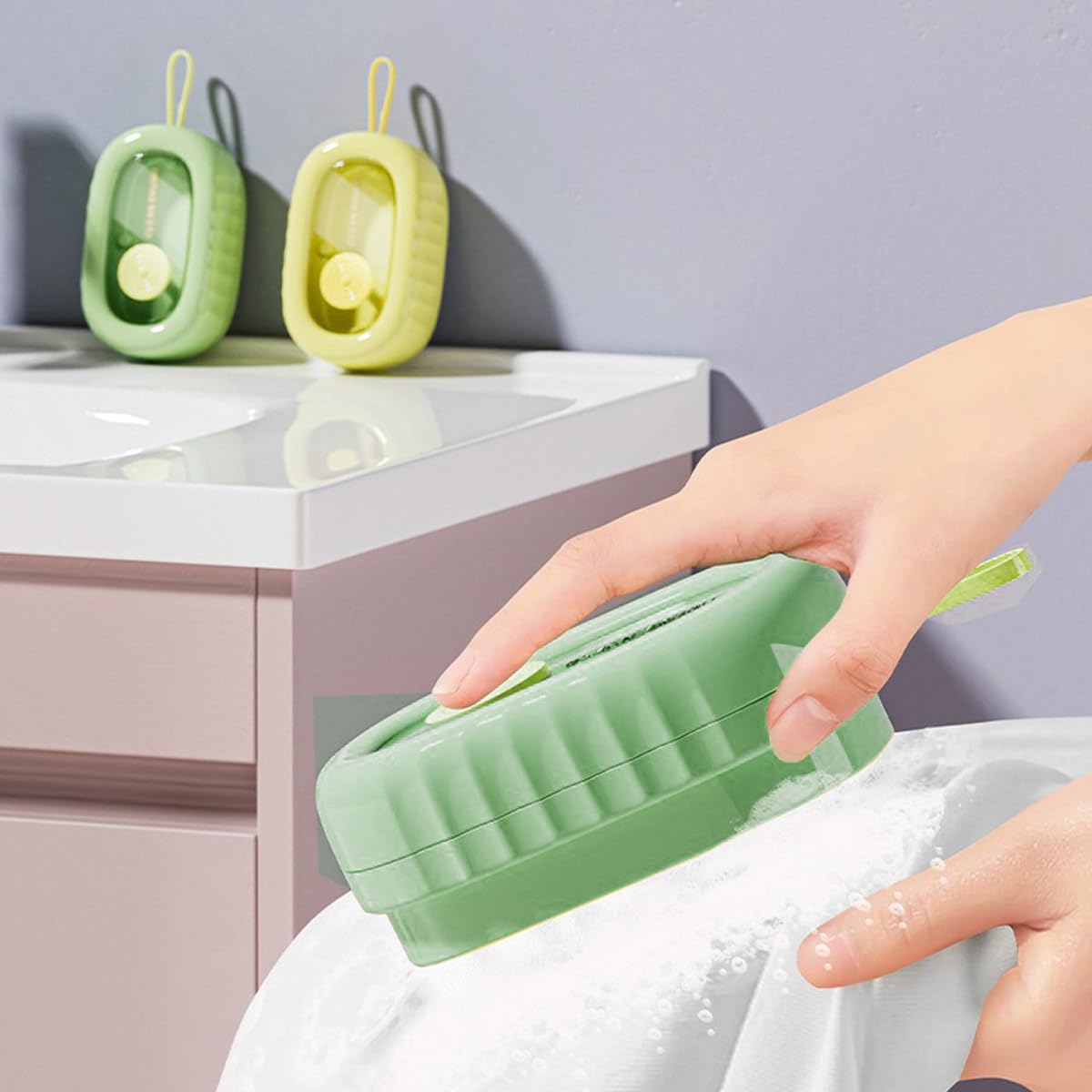 HASTHIP Laundry Brush for Delicate Fabrics with Liquid Detergent Dispenser and Soft Rubber Rollers