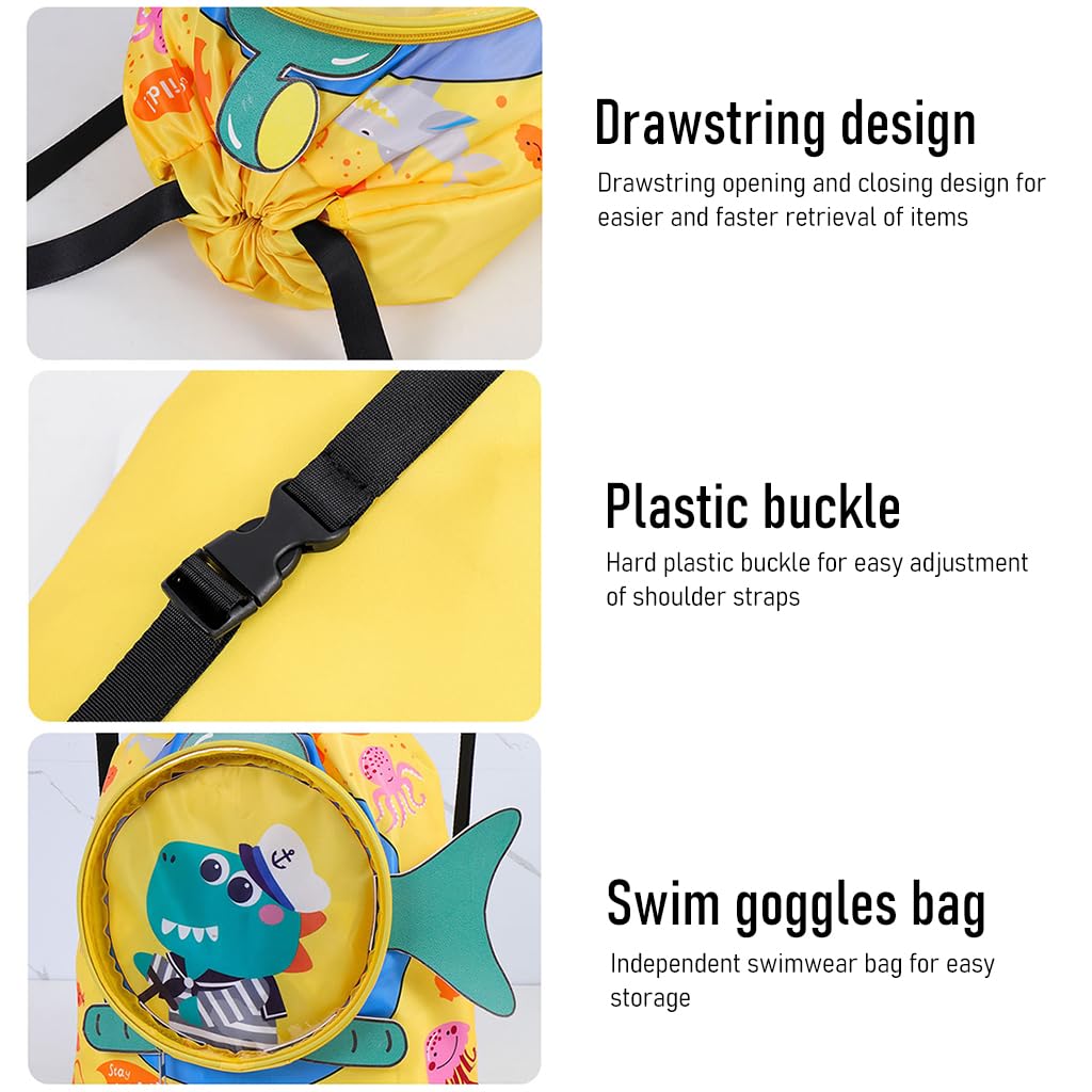 PALAY® Swimming Bag for Kids Cartoonish Print Shoulder Bag for Kids Large Capacity Backpack for Girls Boys Wet Dry Separation Drawstring Bag Beach Bag for Clothes, Swimming Goggles, Shoes, Yellow