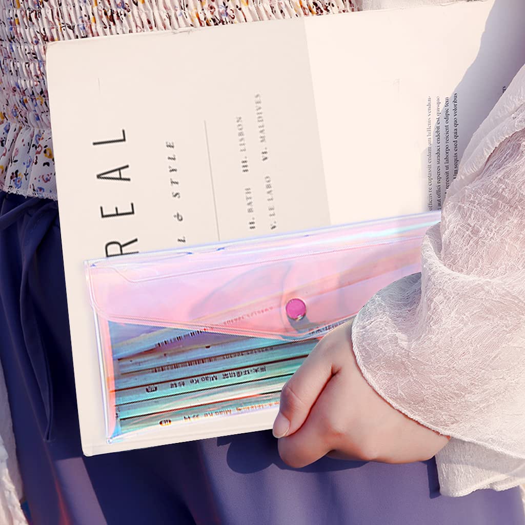 MAYCREATE Plastic Pencil Pouch for Travel and Study featuring Button Closure 20×9cm | Iridescent PVC Bag for Girls