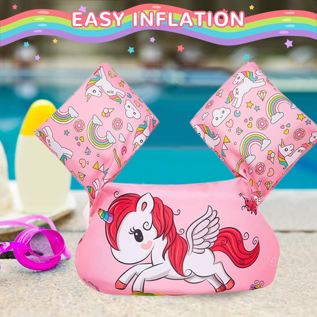ZIBUYU Swim Arm Bands for Kids with Adjustable Chest Strap and Safety Buckle | Pink Oxford Cloth Floaties for Water Training