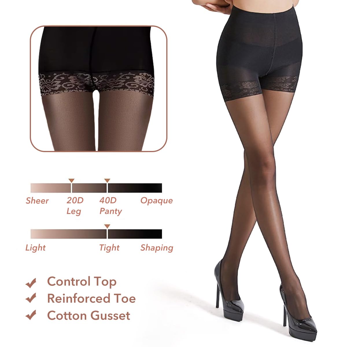 Zibuyu Women's Sheer Tights 2 Pack with Reinforced Toe for Elegant Comfort and Shaping | Nylon Stretch Pantyhose