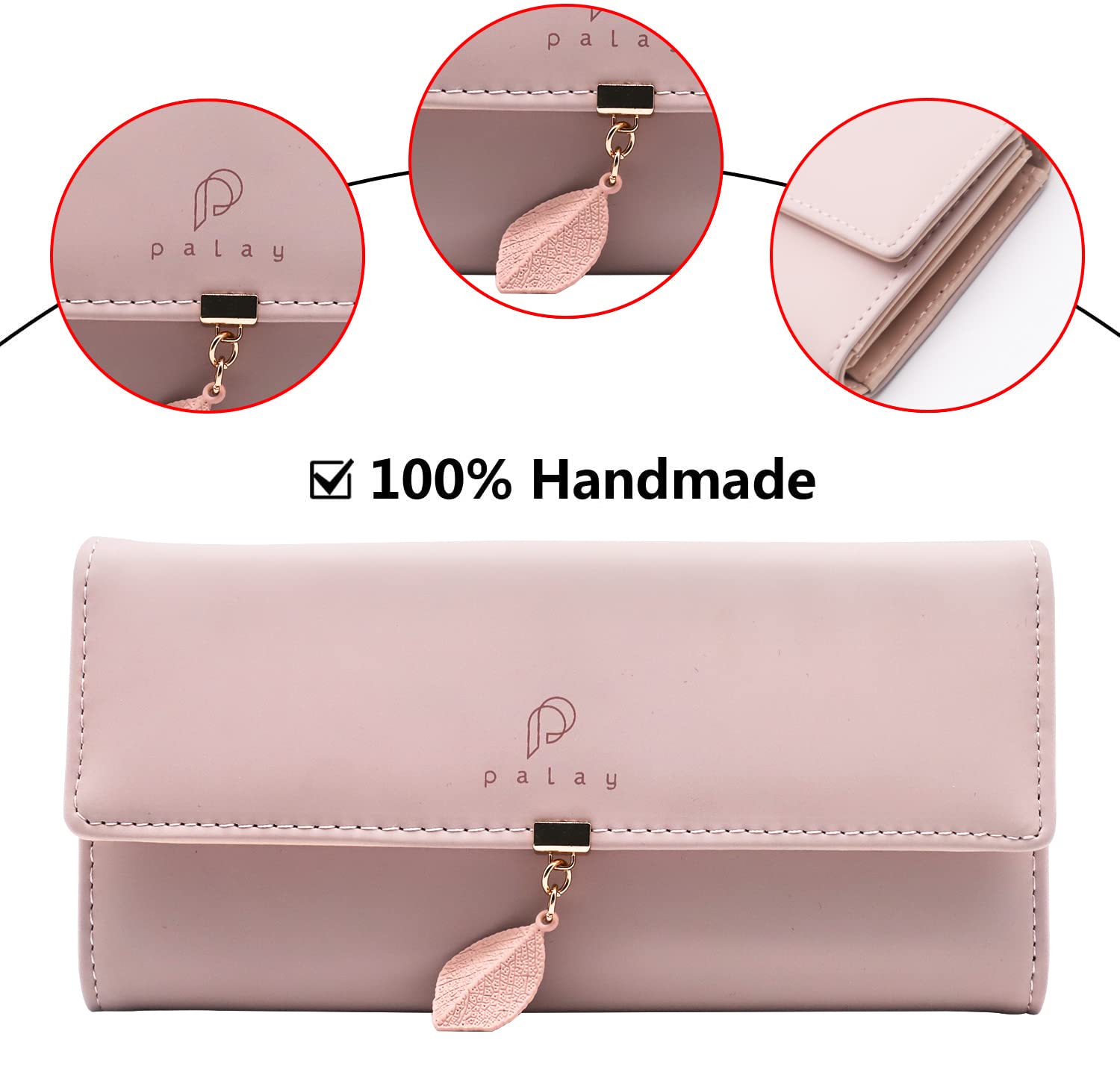 PALAY Womens PU Leather Long Wallet with Leaf Pendant and Zipper Coin Purse 7.48x3.7x0.82 in | Pink 3PCS