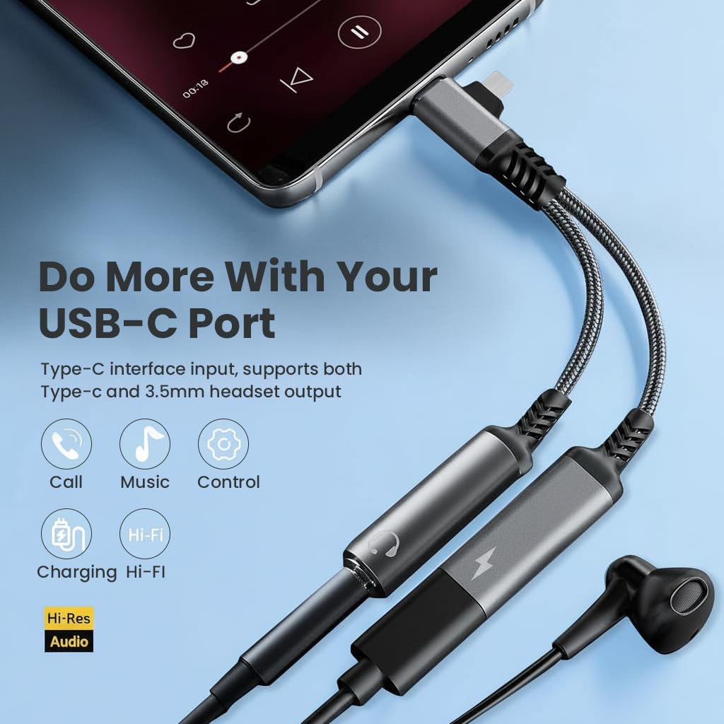 Verilux USB C to 3.5mm Audio Adapter for Simultaneous Charging with Dual Interface & Braided Cable