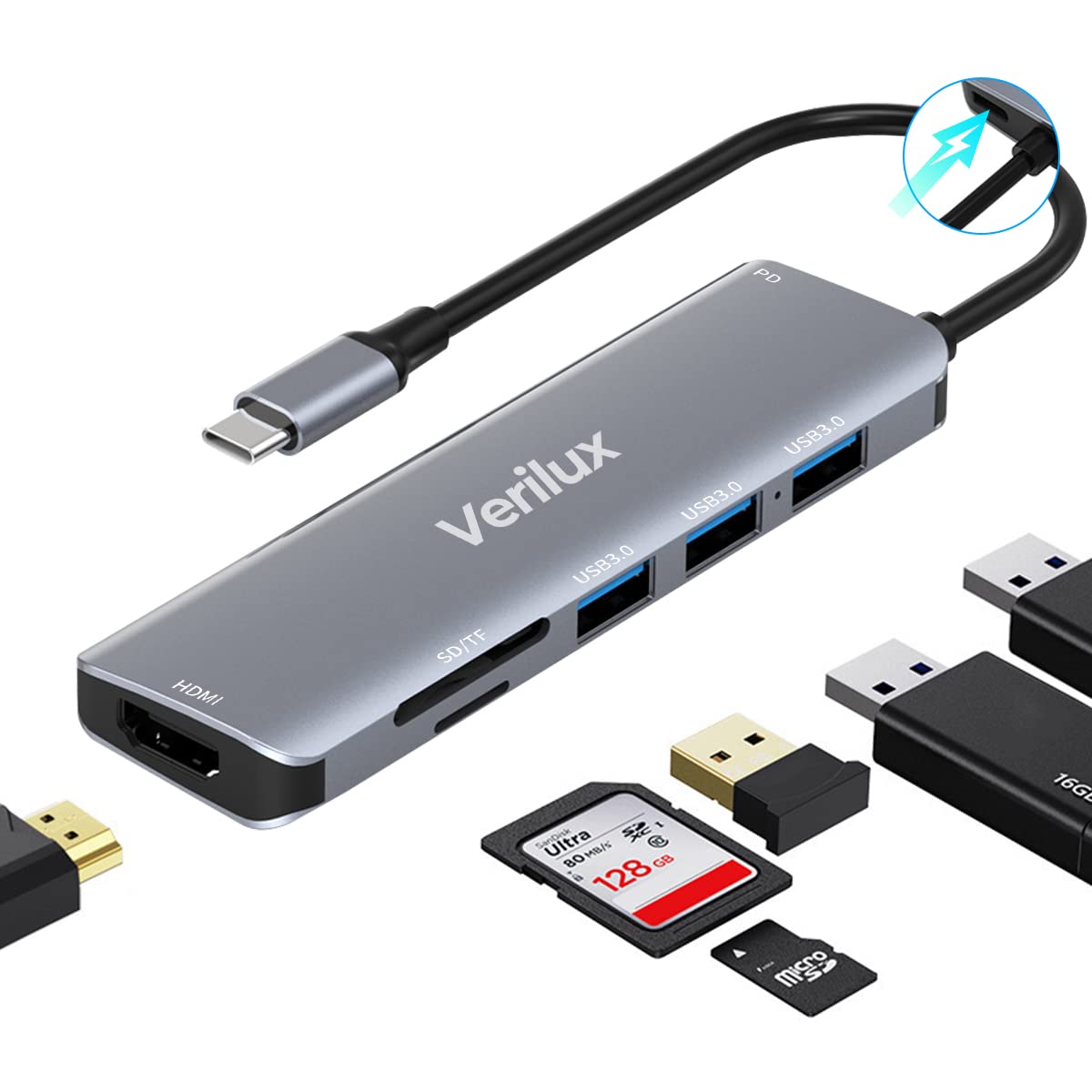 Verilux USB C Hub Multiport Adapter 7 in 1 Portable Aluminum Type C Hub with 4K@30Hz HDMI Output, 55W PD, 3 X USB 3.0 Ports, SD/Micro SD Card Reader Compatible for MacBook Pro/ Air M1, Type C Devices