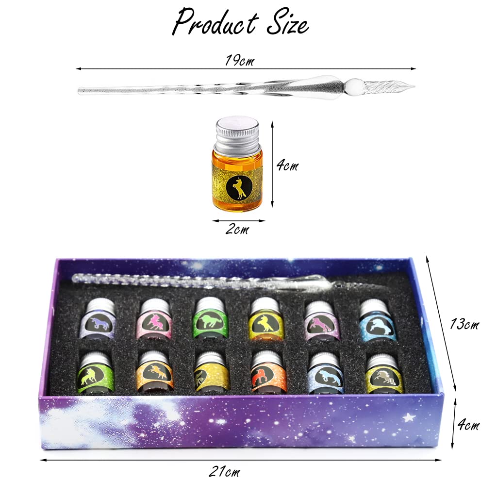 Climberty Glass Dip Pen Set for Calligraphy and Art with 12 Colors Ink | Crystal Gift