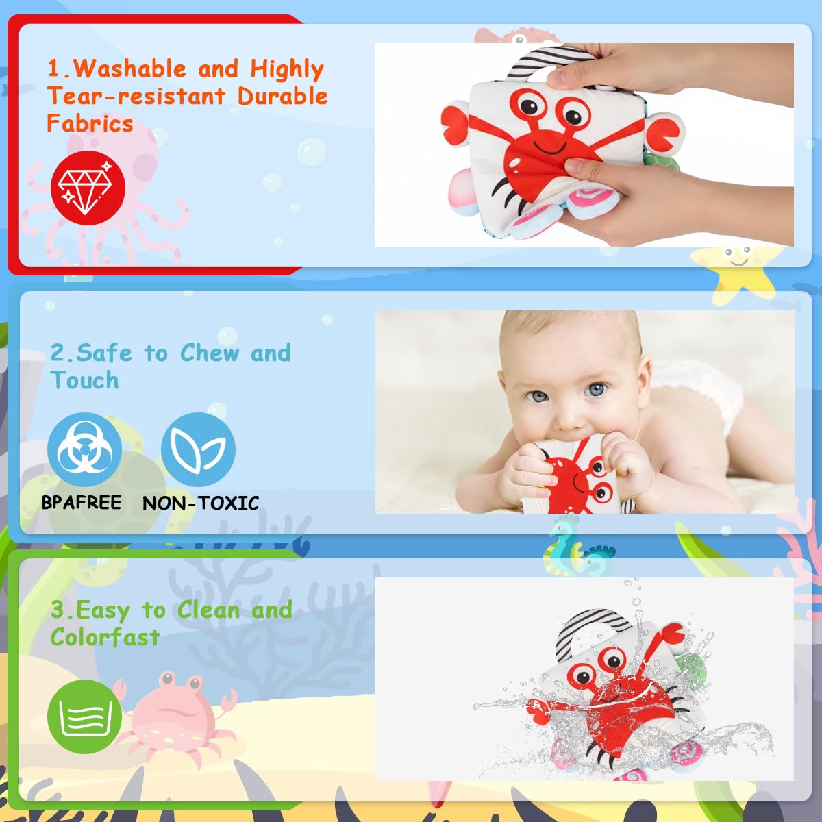 SNOWIE SOFT Baby Cloth Book for Stroller and Car Seat featuring Dimensional Animals | Sensory Toy for 0–6 Month Infants