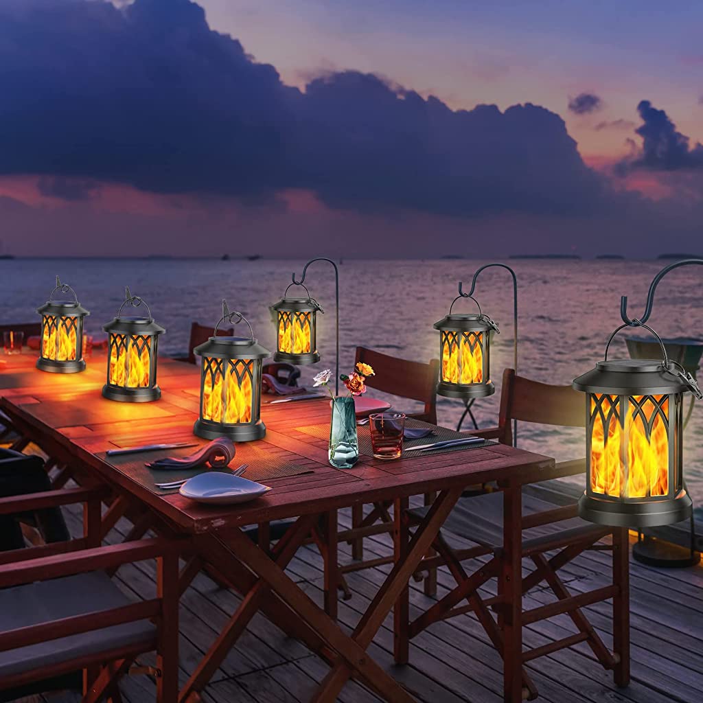 ELEPHANTBOAT Solar Lantern Light for Garden and Camping with Handle and Clip | 2Pcs IP65 Waterproof Flickering Flame Lamp