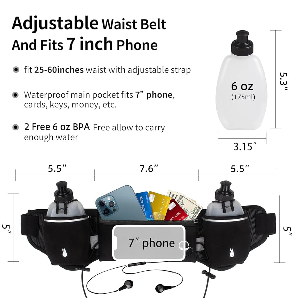 Proberos Running Belt for Running and Cycling with Dual Water Bottles and 7 in Phone Fit | Adjustable Hydration Waist Pack