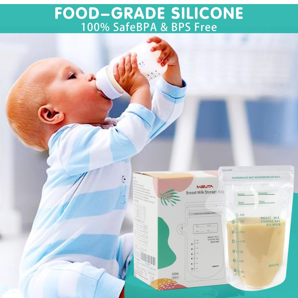 SNOWIE SOFT Breast Milk Storage Bags 60pcs 200ml with Dual Zip Lock and Scale Marking