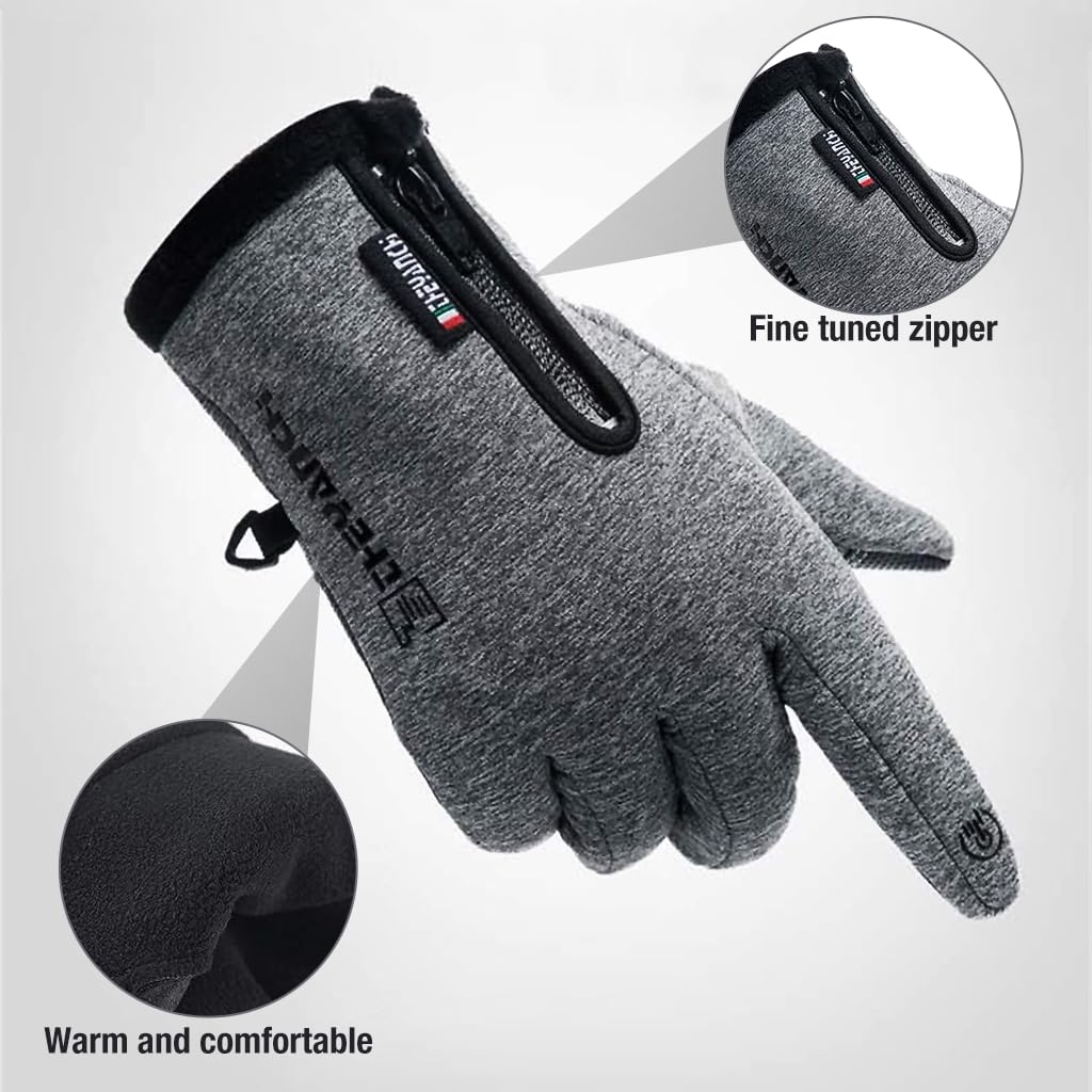 STHIRA Winter Gloves for Driving and Cycling featuring Touchscreen Fingertips | Waterproof Fleece Lined Grey Size L