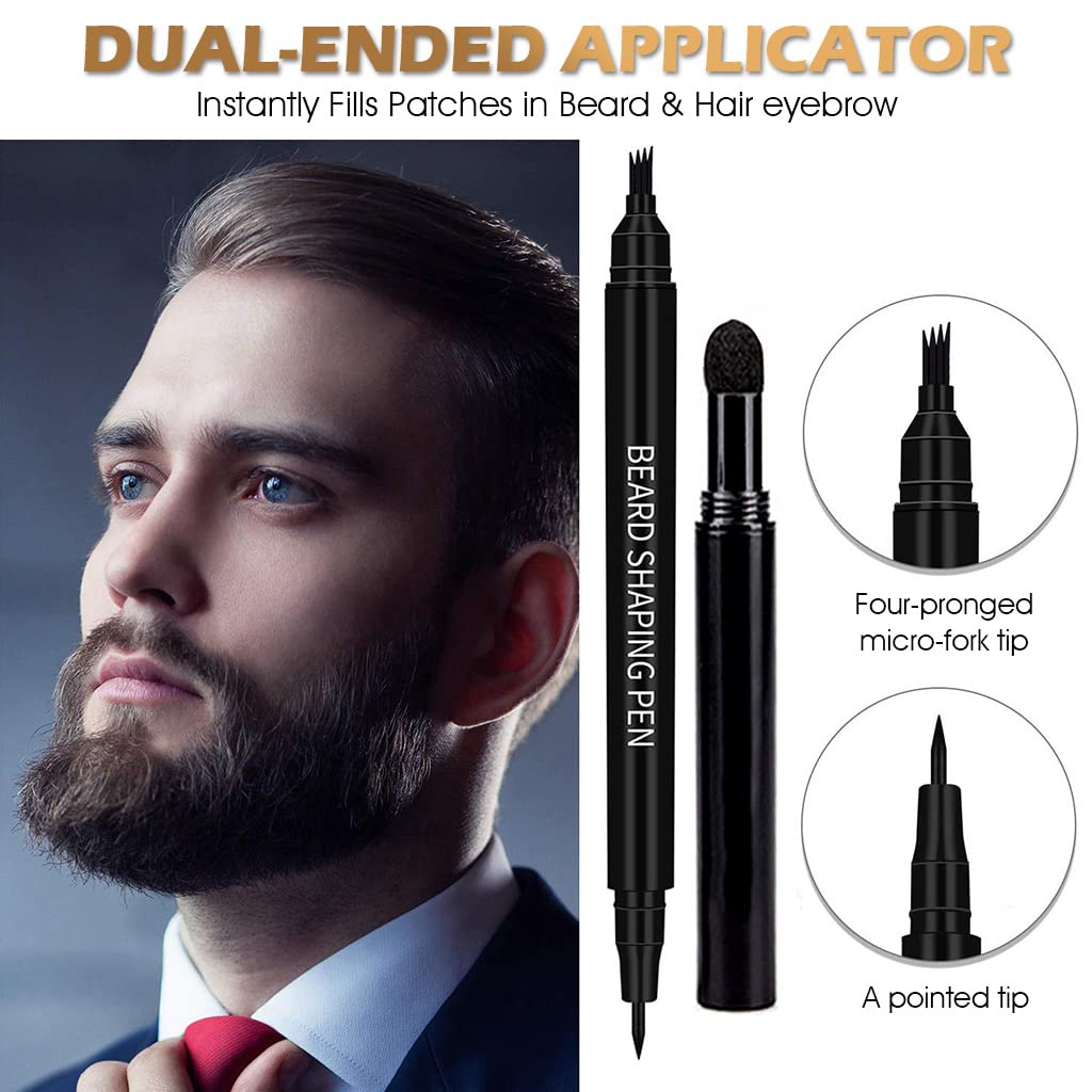 HASTHIP Beard Pencil Filler Kit for Men with Powder Brush and 4 Fork Tip | Dark Brown