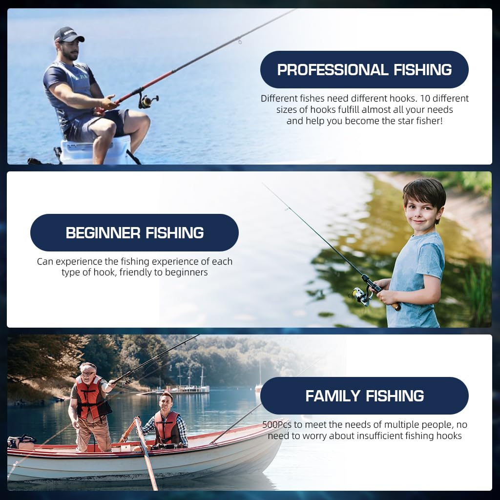 ZIBUYU Fishing Hooks Set for Anglers with 500 pcs in 10 Sizes Featuring Barbed Ringed Eye | High Carbon Steel