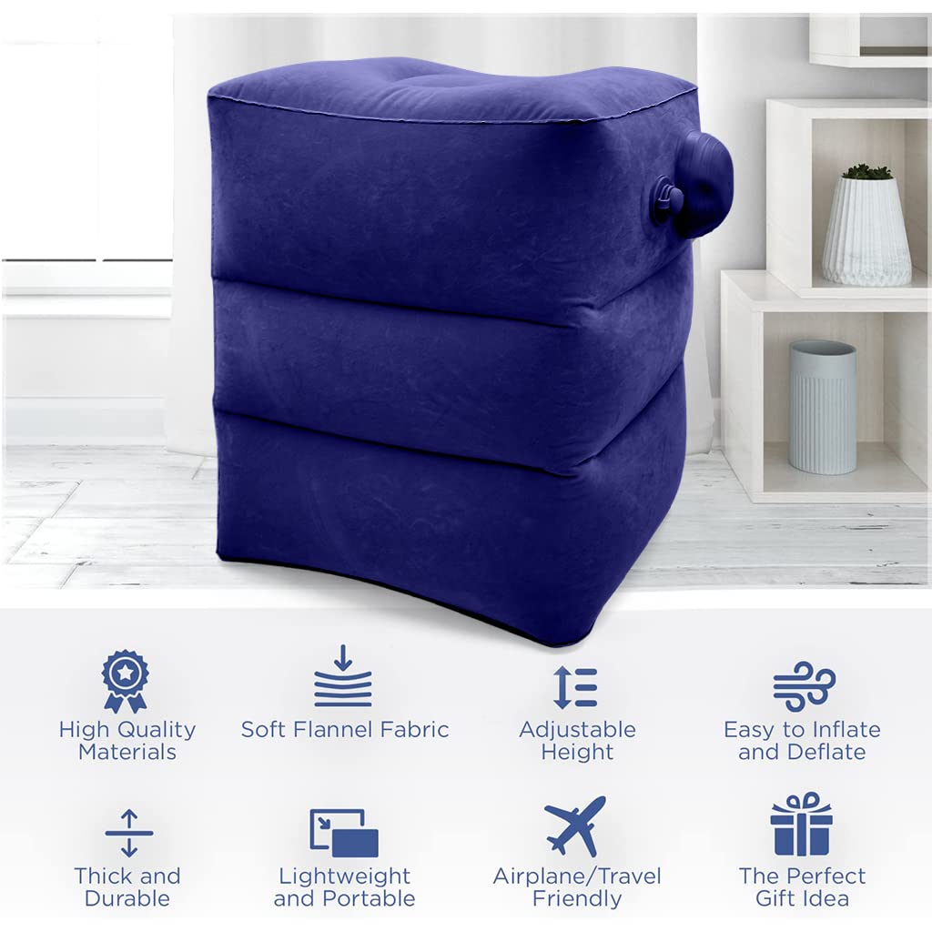HANNEA Inflatable Air Travel Pillow for Flight and Office with Self‑Inflating Valve | Dark Blue 16x11x18 in Footrest for Adults and Kids