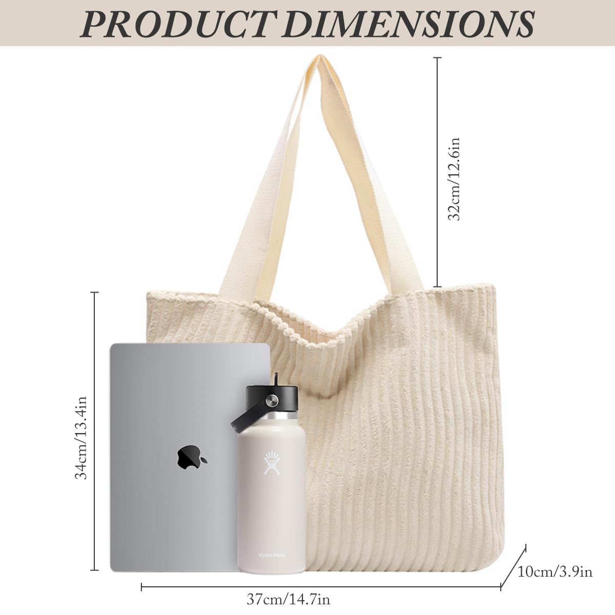 PALAY Corduroy Tote Bag for Everyday Use with Zipper and Nylon Straps 37x10x34cm Beige