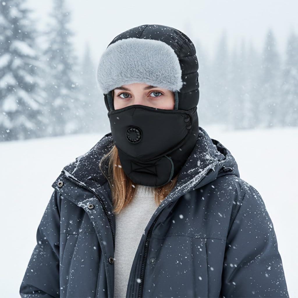 SANNIDHI Winter Cap for Outdoor Cycling and Skiing with Plush Liner and Snap Face Cover | Warm Full Face Hat for Men and Women