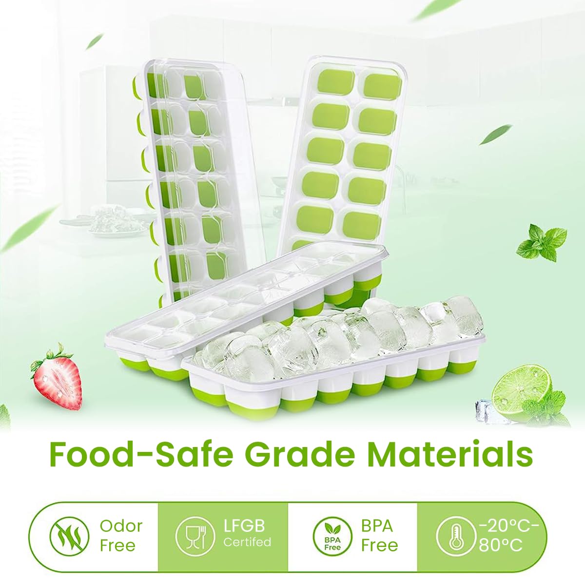 HASTHIP Ice Cube Tray for Freezer Set of 4 with 56 Cubes and Soft TPR Bottom Design