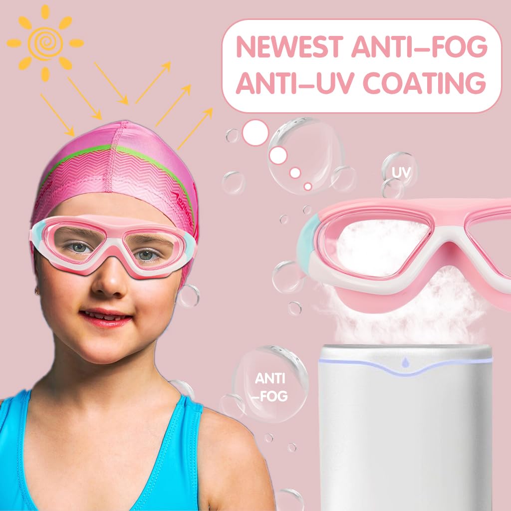 Proberos Swimming Goggles for Kids with Anti-Fog UV Protection | Leakproof 3PCS Pink Set