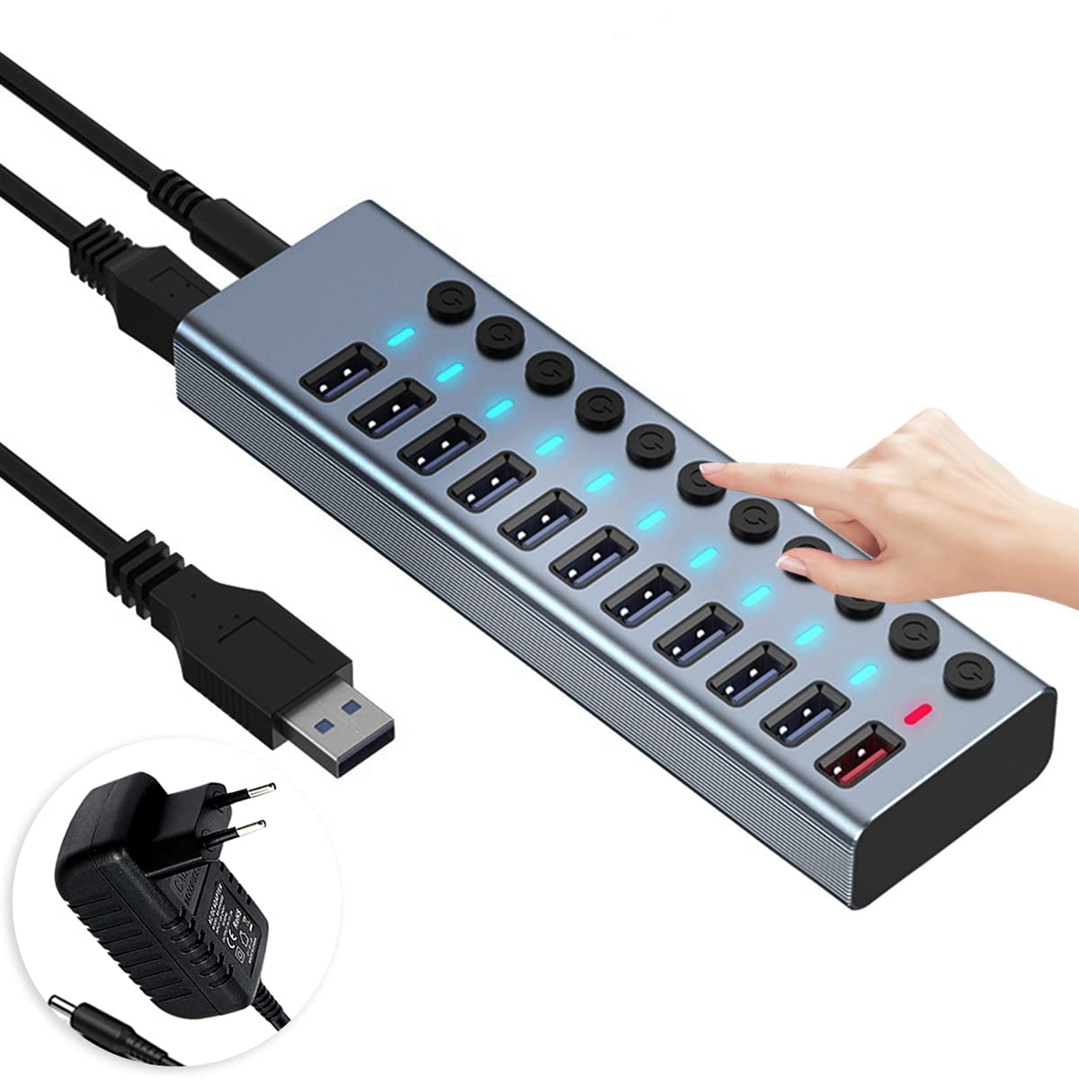 Verilux Powered USB Hub 11 in 1 USB HUB with Individual On/Off Switches and 12V/4A Power Adapter USB Hub 3.0 Splitter Multi USB Port for Laptop, PC, Computer, Mobile HDD, Flash Drive Mouse, Keyboard