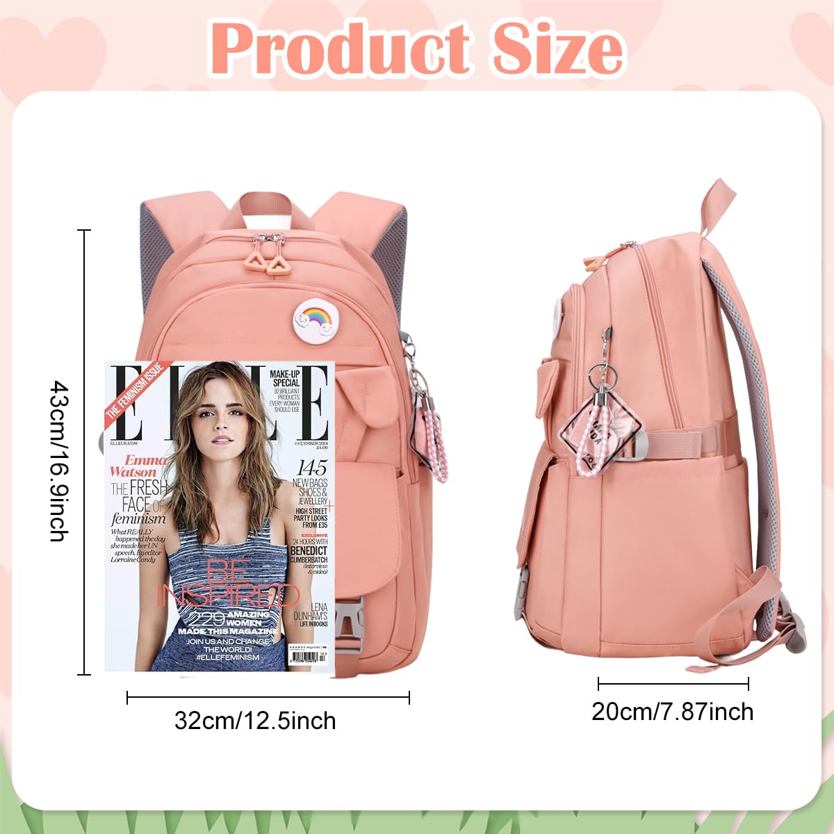 PALAY® School Backpack for Girls Kawaii Bunny Ear Pink 15.6 Inches Laptop Backpack Fashion Nylon Casual Travel Backpack Multi Compartment Book Bag Chirstmas Birthday Gift for Girls, 32x20x43cm