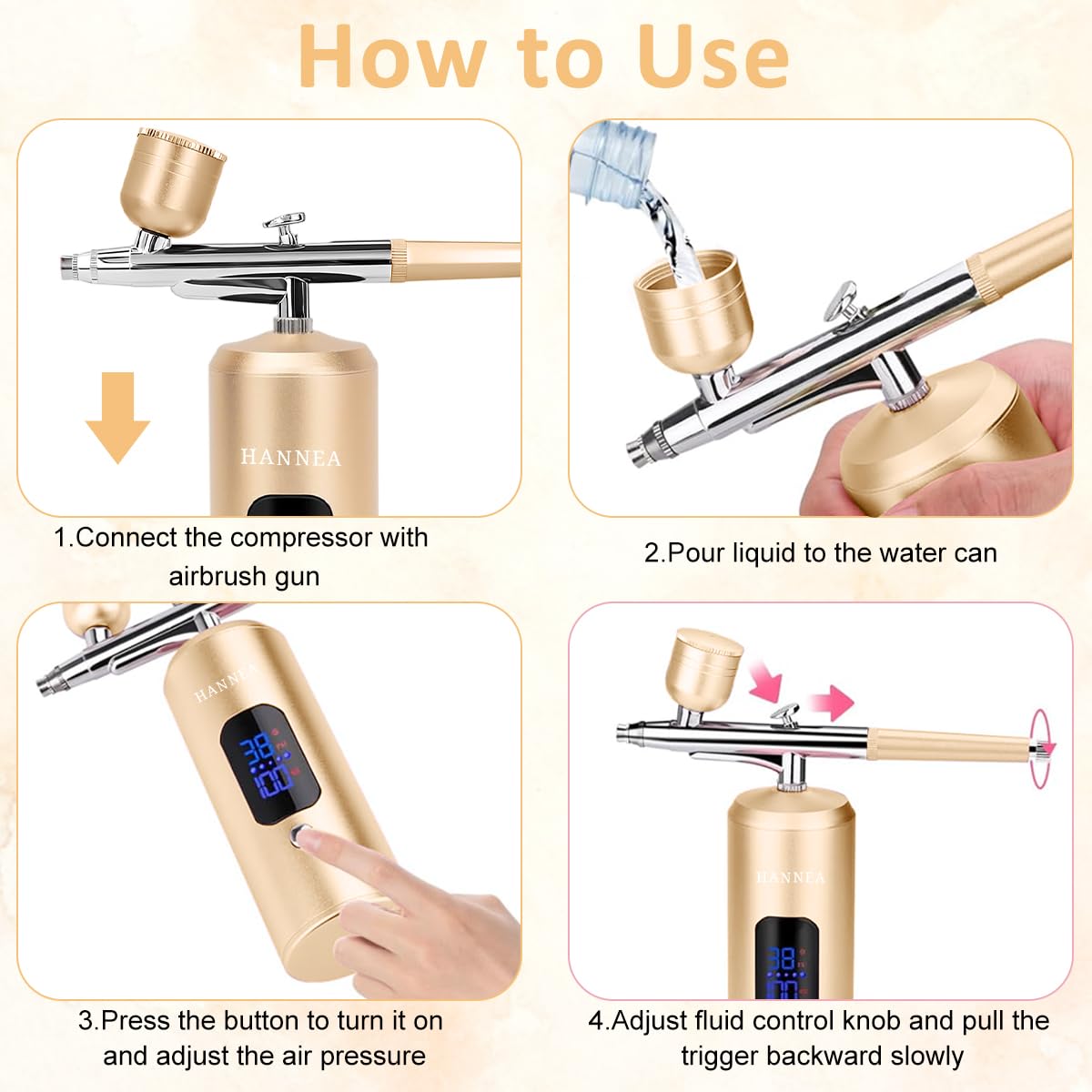HANNEA Electric Airbrush Kit for Makeup and Painting featuring LCD Display and 22–38 PSI