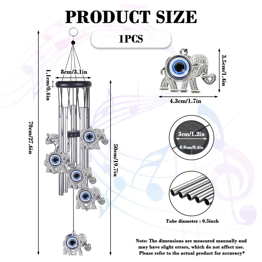 HASTHIP Evil Eye Elephant Wind Chimes for Home Décor with 25 in Aluminum Tubes | Blue Charm for Positive Energy