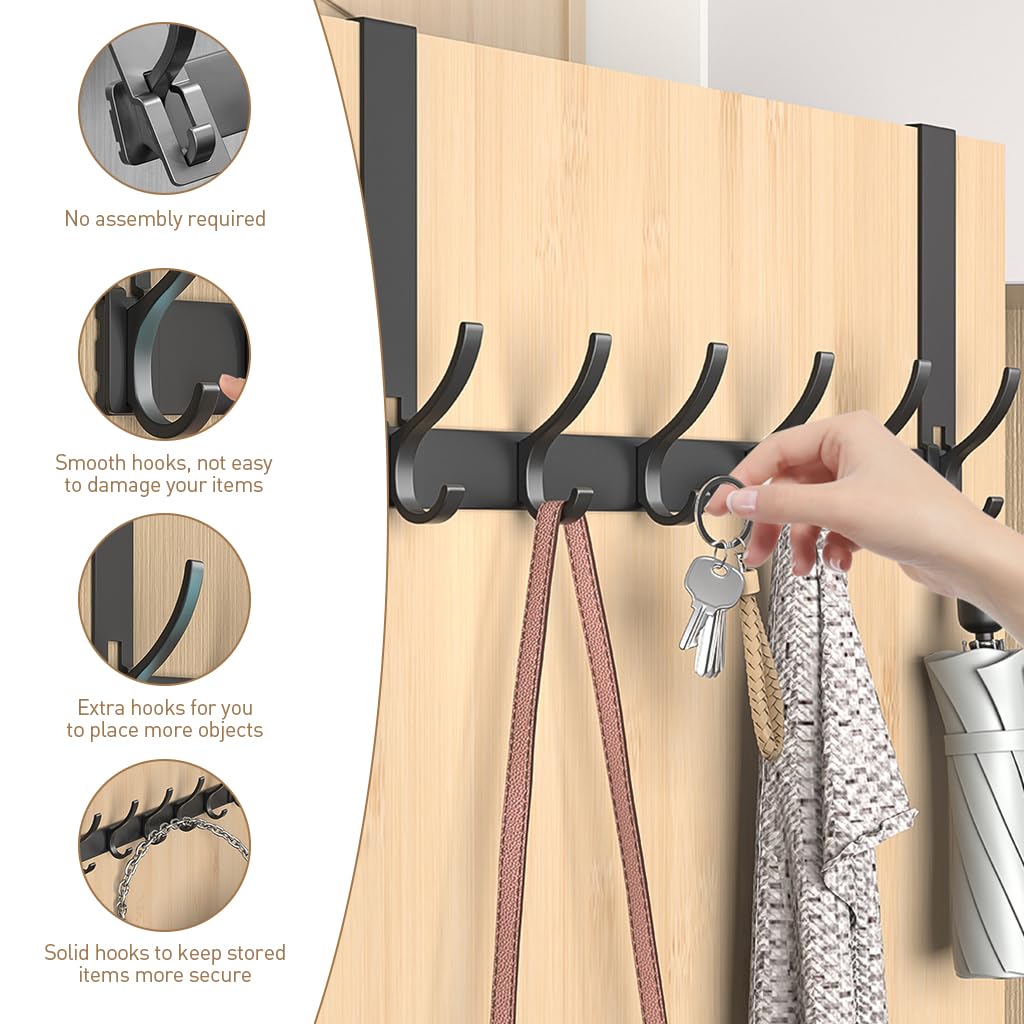 HASTHIP Cloth Hanger for Wall and Door with 6 Dual-Layer 12 Hooks 42x18cm Aluminum | Black