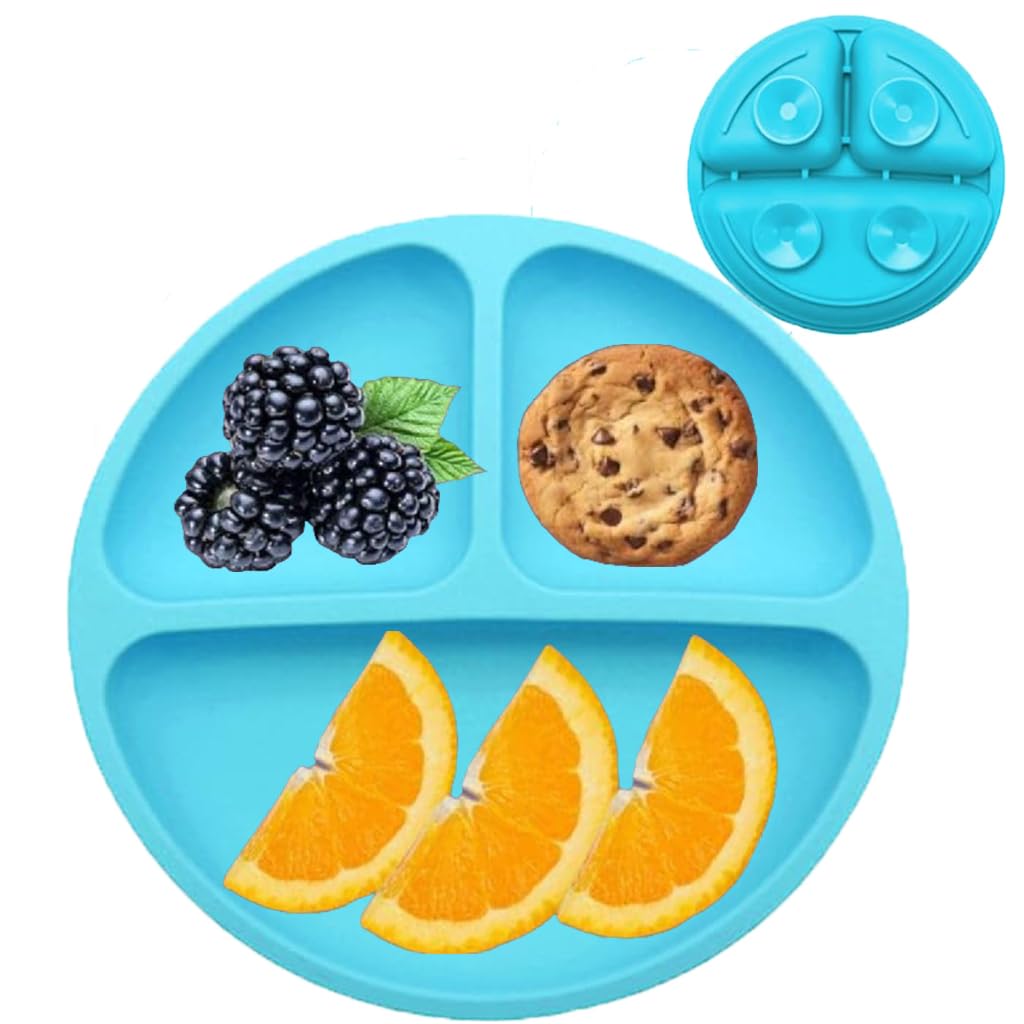 SNOWIE SOFT® Suction Plates for Baby Feeding BPA Free Foodgrade Silicone 3-Grid Food Plates for Kids, Young Kids Tableware, Silicone Dinnerware with 4 Suction Cups, Dish Washer Safe (Blue)