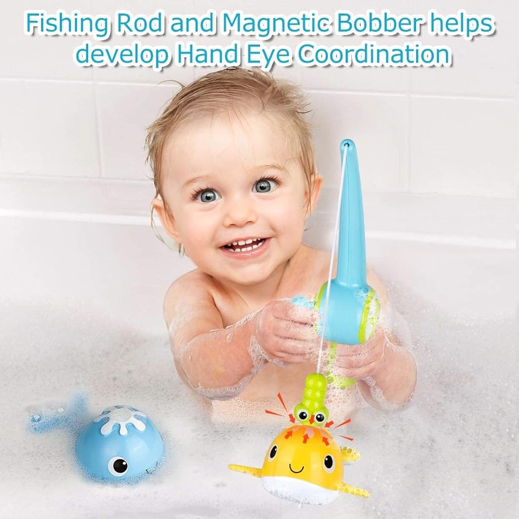 PATPAT Fish Catching Game for Kids with Magnetic Fishing Rod and 2 Swimming Whales | Fun Bath Toy for Toddlers