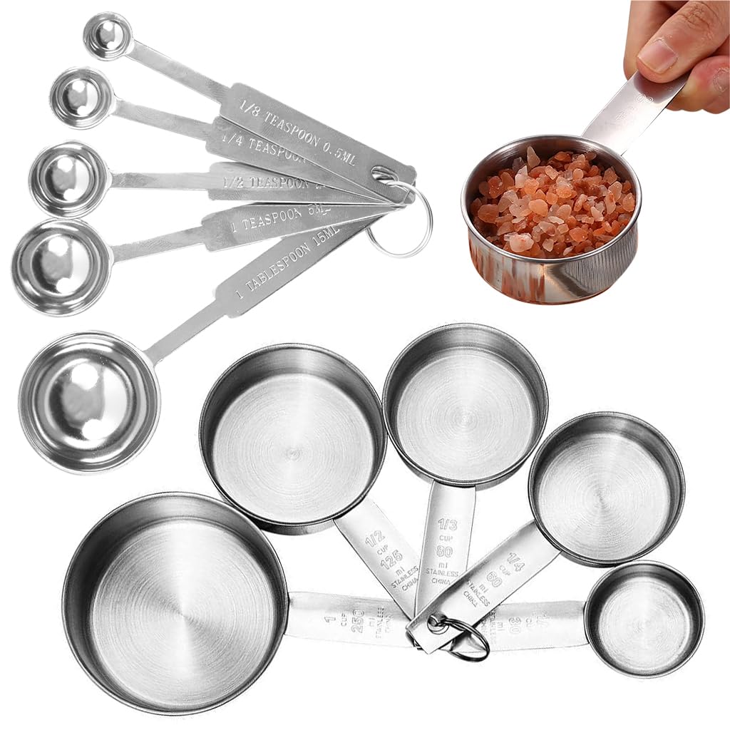 Supvox® 10Pcs Measuring Cups and Spoons Set - Stainless Steel Measuring Cup with Scales of 2 Units, Dry & Wet Food Measuring Cup for Cooking and Baking, Ideal for Chefs & Home Cooks (Silver)