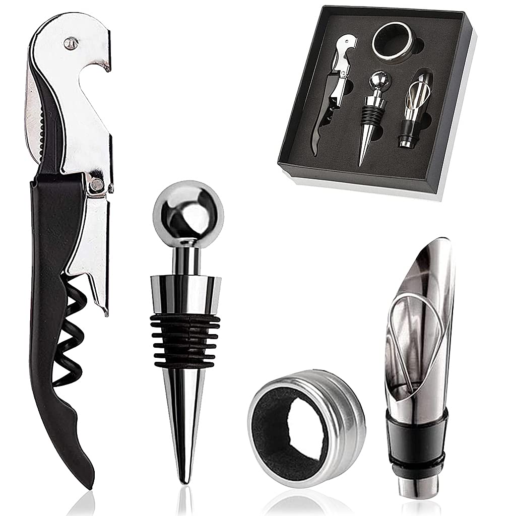 HASTHIP  4PCS Bottle Openers Wine Bottle Opener Kit for Beer or Wine Premium Wine Opener Gift Set Includes Corkscrew Bottle Stopper Wine Pourer and Wine Ring(Gift Packaging)