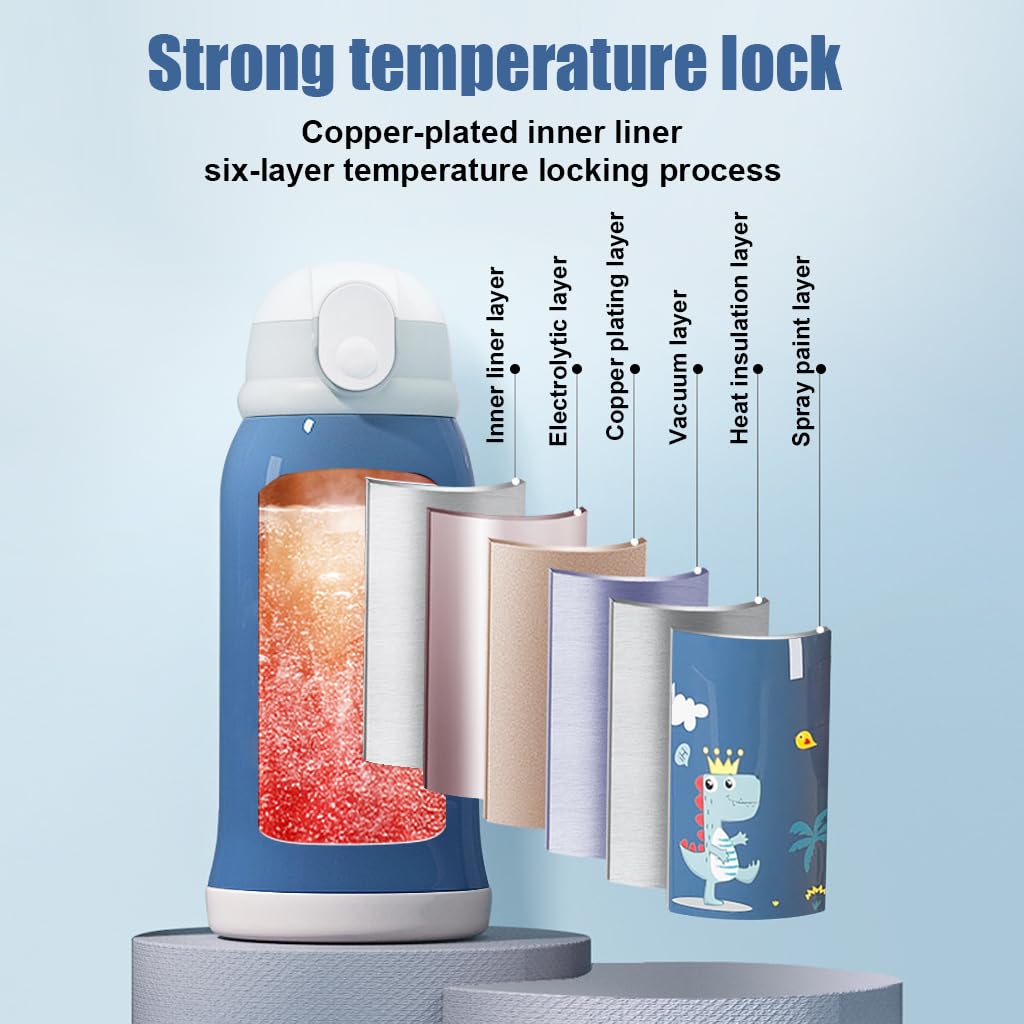 SNOWIE SOFT Water Bottle for Kids with Double Layer Vacuum Insulated Design | 550ml Stainless Steel Dinosaur Flask with Straw and Cup Lid