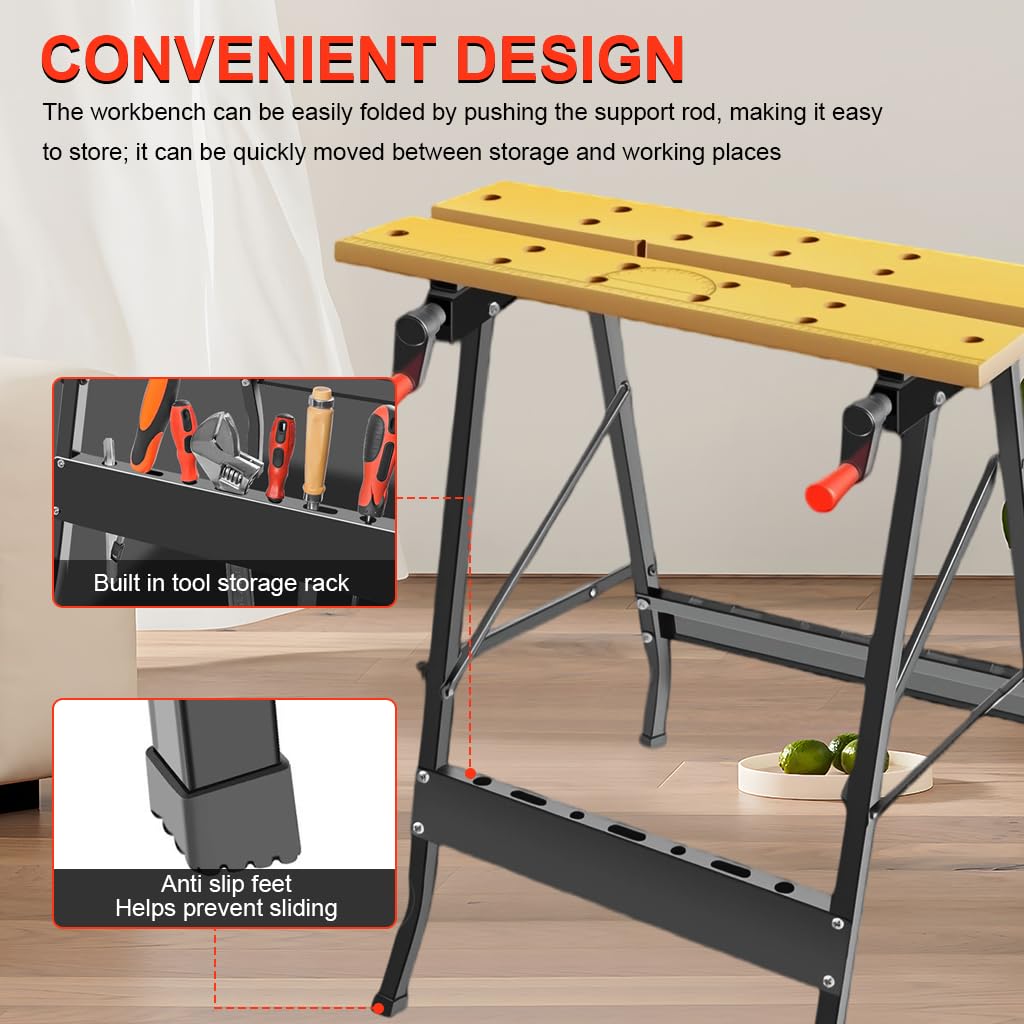 Serplex Folding Workbench for Woodworking with Crank Handles and Tool Storage Slots | Wood and Metal Construction
