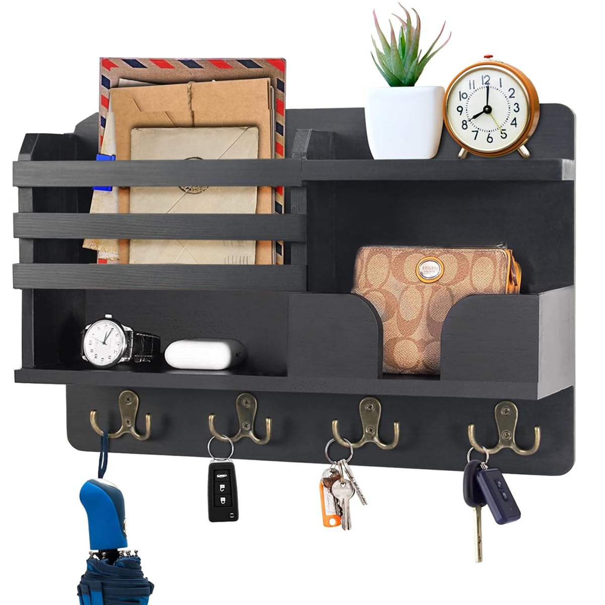 HASTHIP Key Holder for Home with Multi Compartment Wooden Organizer Rack 15.7×9.3 in | Wall Mounting Hooks for Entryway Storage