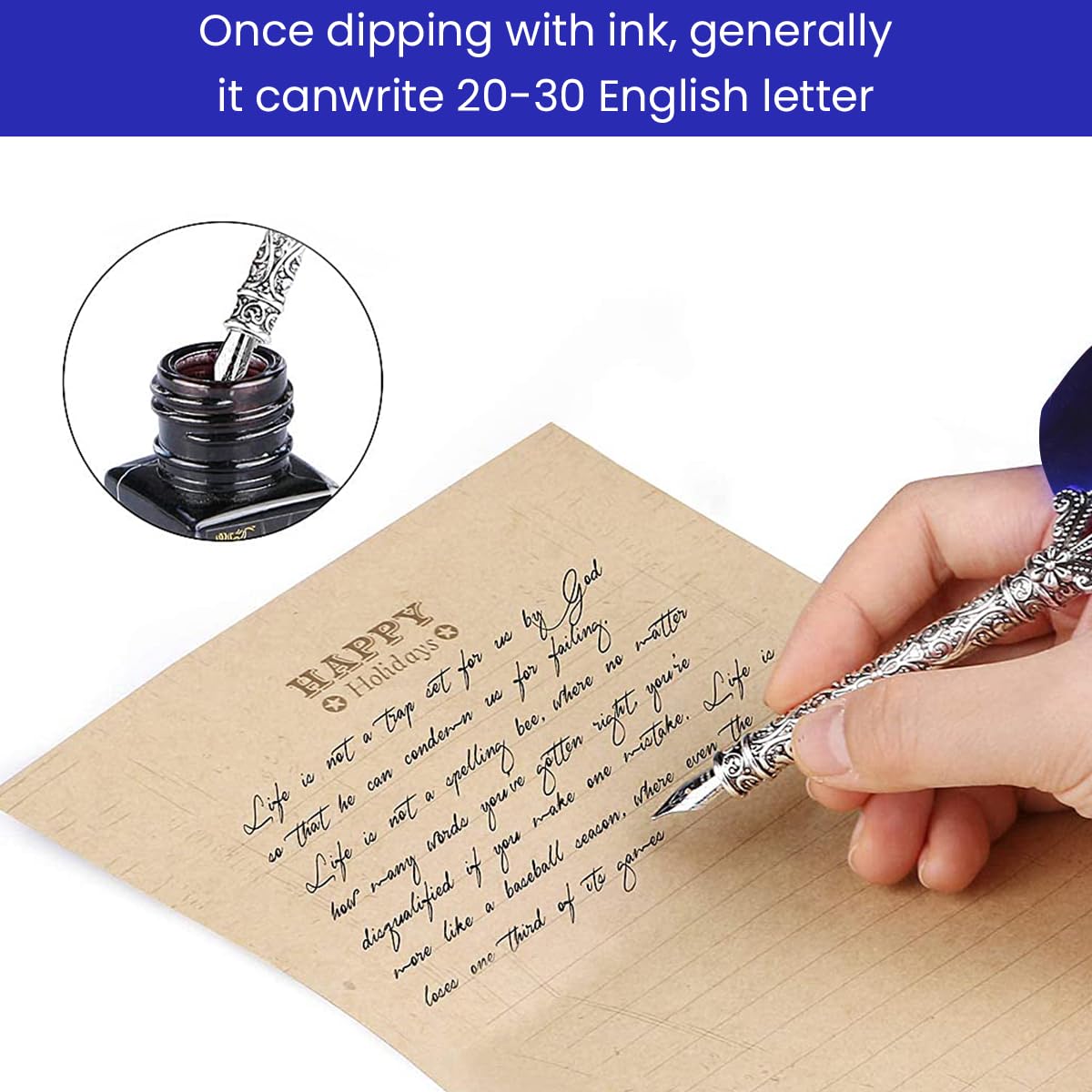 Climberty® Antique Feather Calligraphy Pen Set -Writing Quill Ink Dip Pen with 5 Extra metal Nibs Gifts for Men(Blue)