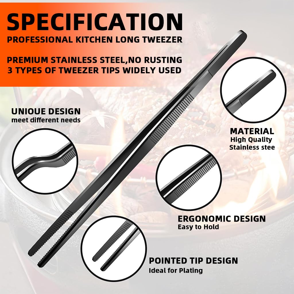 HASTHIP Cooking Tweezers Set for Kitchen and Grill with Serrated Tips | 3 Pcs 12 in Stainless Steel